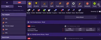 Sports betting interface showing live matches, top leagues (NRL, AFL, Premier League, NBA, NHL), and live event odds